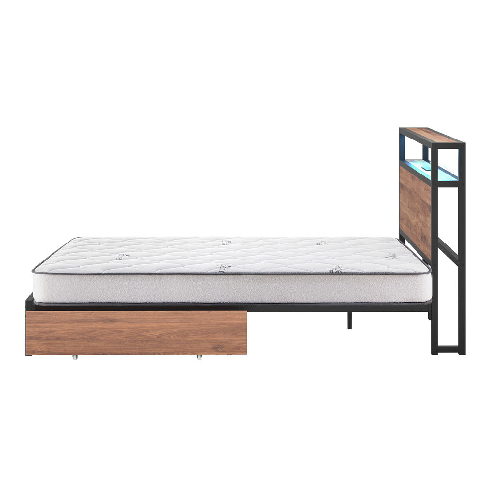 Industrial Metal Bed Frame Double with LED, 2 Drawers, USB Ports & Mattress 204cm