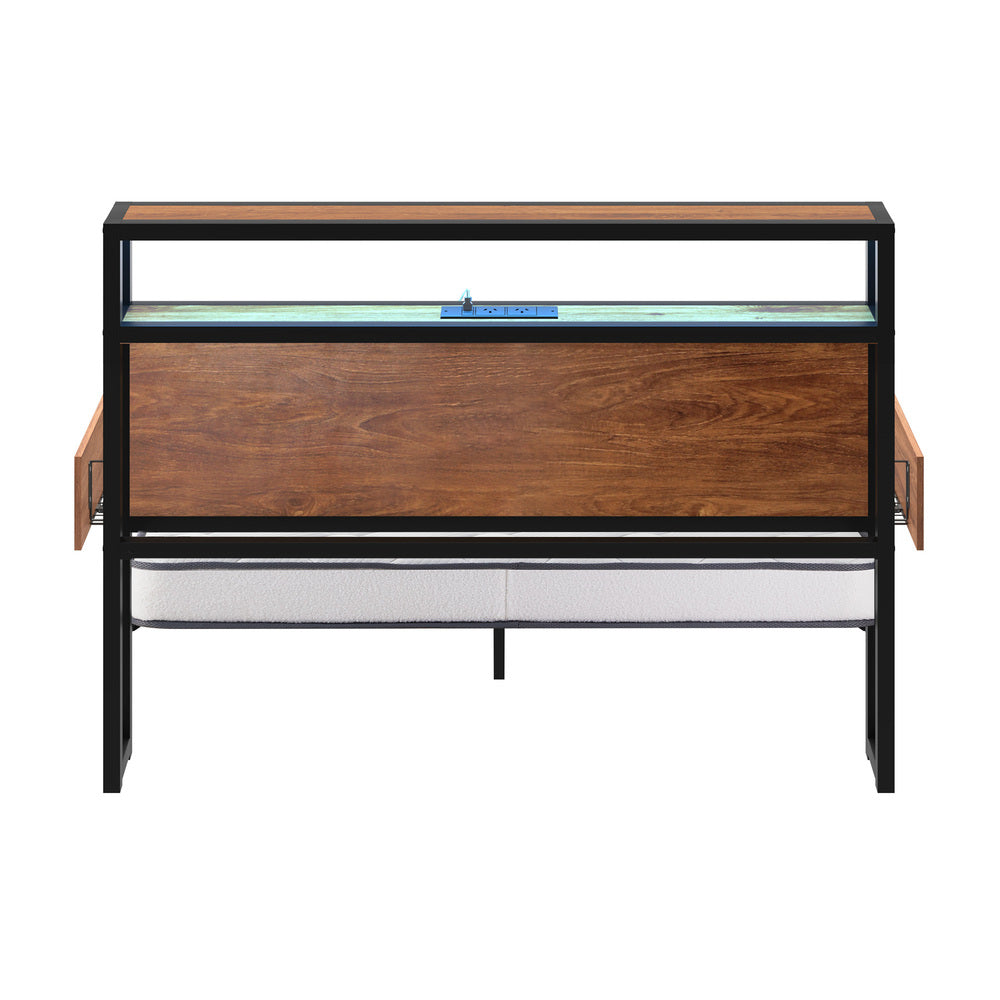 Industrial Metal Bed Frame Double with LED, 2 Drawers, USB Ports & Mattress 204cm