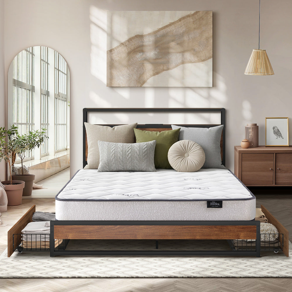 Industrial Metal Bed Frame Double with LED, 2 Drawers, USB Ports & Mattress 204cm
