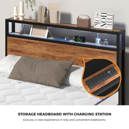 Industrial Metal Bed Frame Double with LED, 2 Drawers, USB Ports & Mattress 204cm