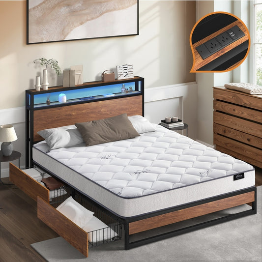 King Bed Frame LED Drawers USB Mattress | HomeAndLiving