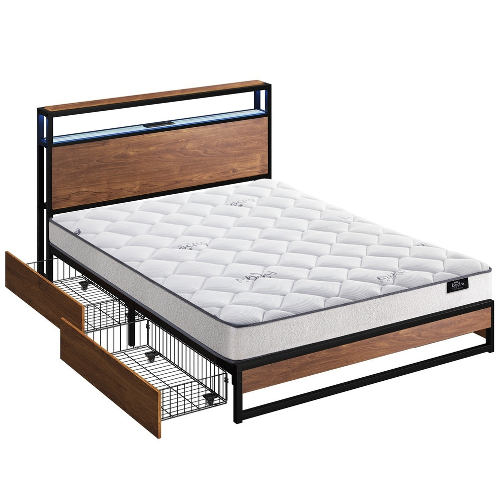 King Bed Frame LED Drawers USB Mattress