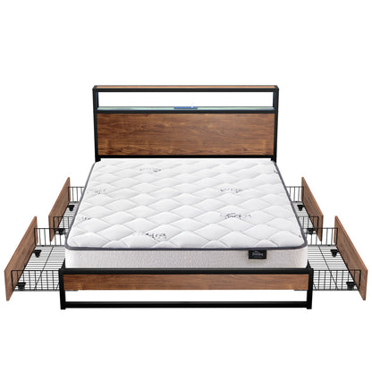King Bed Frame LED Drawers USB Mattress