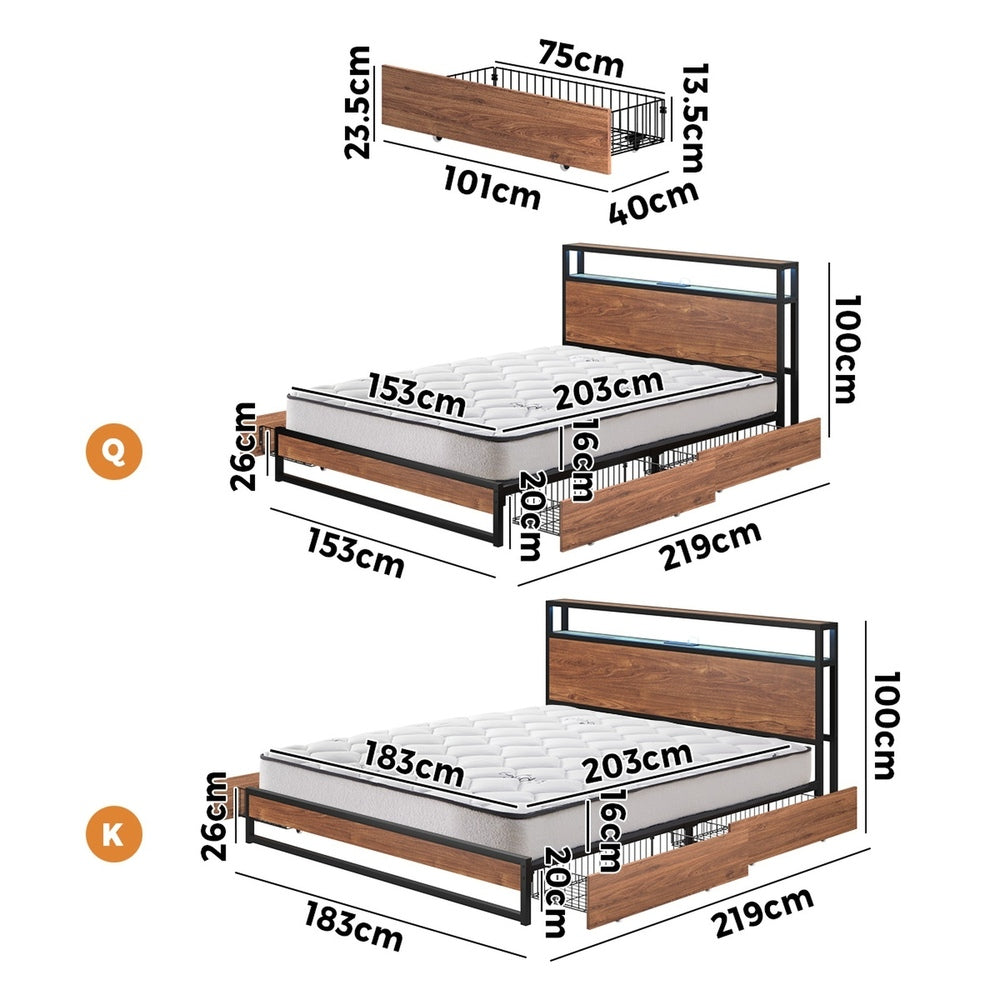 King Bed Frame LED Drawers USB Mattress