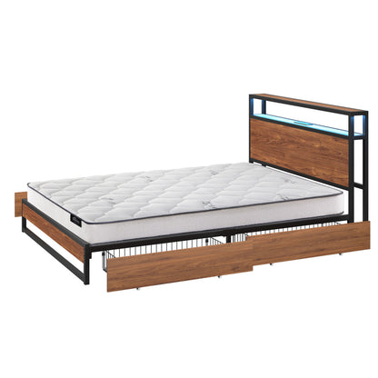 King Bed Frame LED Drawers USB Mattress