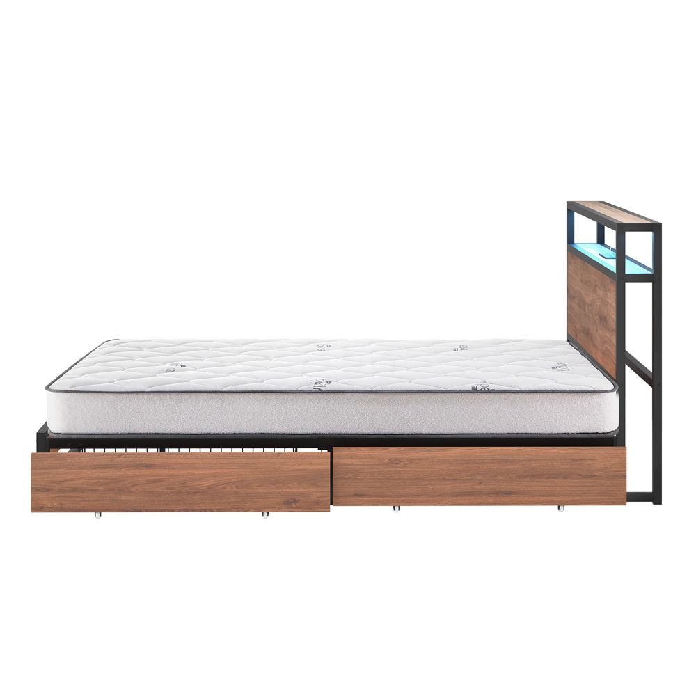 King Bed Frame LED Drawers USB Mattress