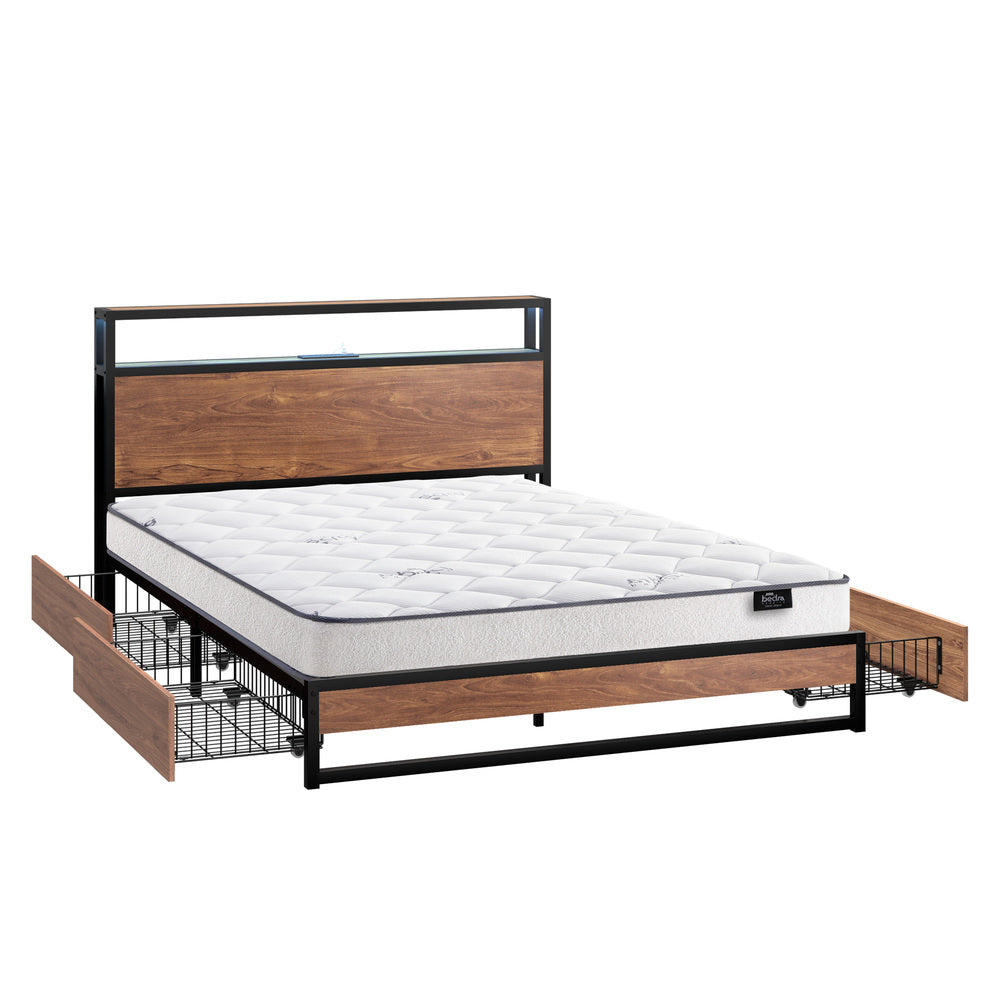 Industrial Metal Bed Frame Double with LED, Storage Shelf, USB Ports & Mattress 204cm - 10