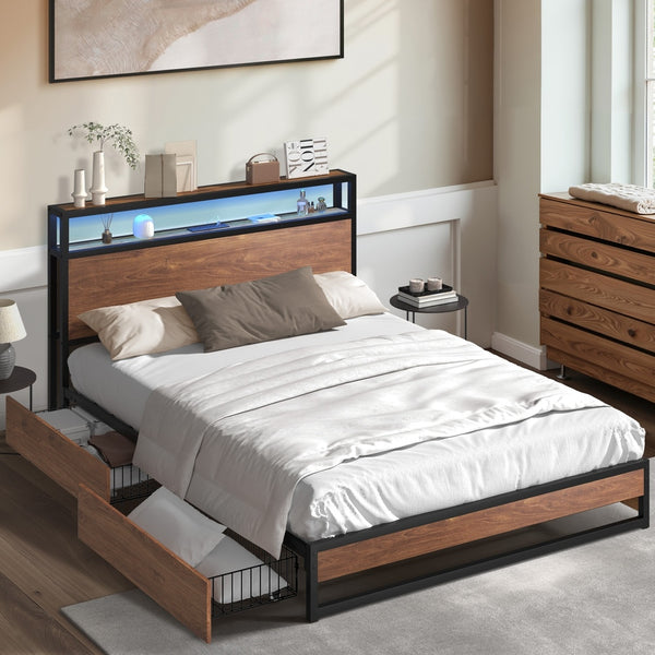  Double Bed Frame LED Headboard Storage Drawers USB | HomeAnd