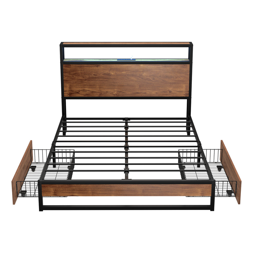 Metal Bed Frame Double Queen & King LED Storage Headboard USB Charging & 2 Drawers