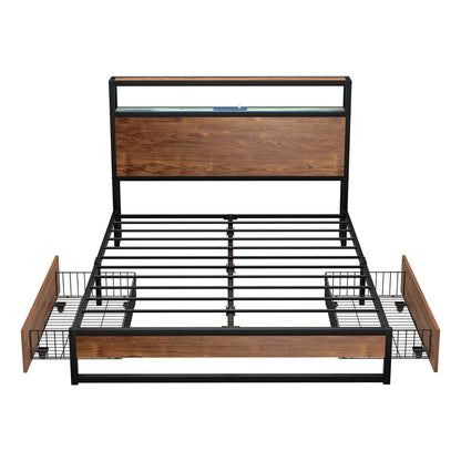 Metal Bed Frame Double Queen & King LED Storage Headboard USB Charging & 2 Drawers