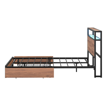 Metal Bed Frame Double Queen & King LED Storage Headboard USB Charging & 2 Drawers