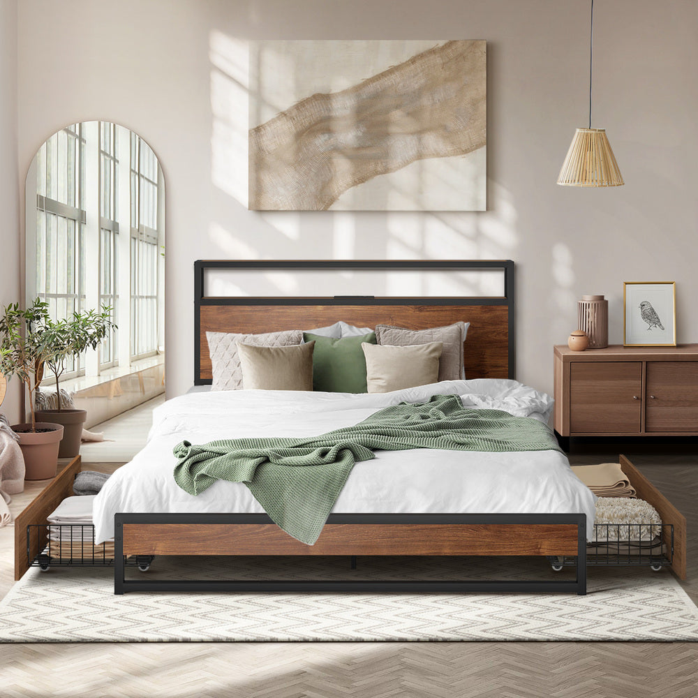 Metal Bed Frame Double Queen & King LED Storage Headboard USB Charging & 2 Drawers
