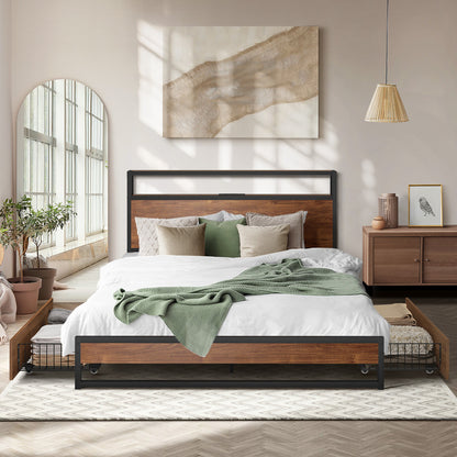 Metal Bed Frame Double Queen & King LED Storage Headboard USB Charging & 2 Drawers