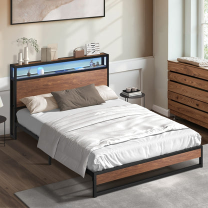 Metal Bed Frame Double LED Light Storage Headboard USB Charge