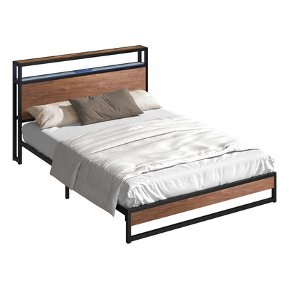 Metal Bed Frame Double LED Light Storage Headboard USB Charge
