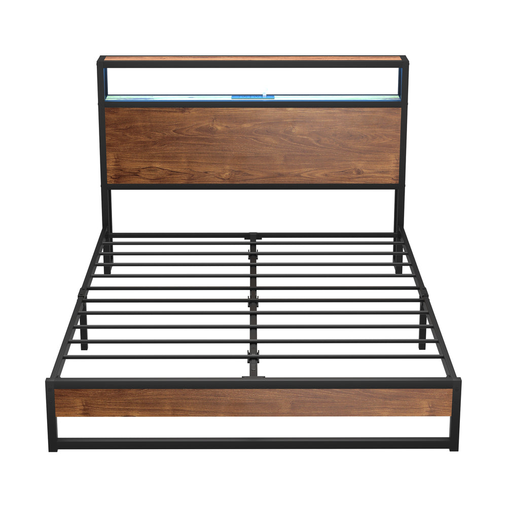 Metal Bed Frame Double LED Light Storage Headboard USB Charge