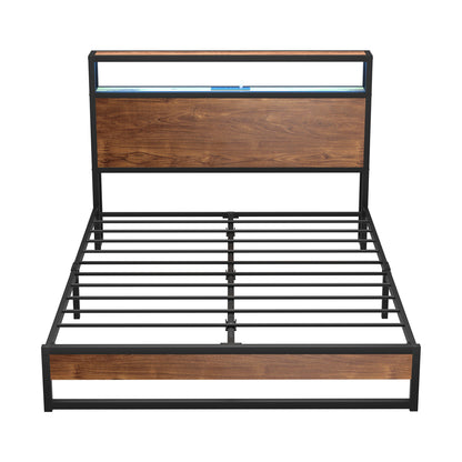 Metal Bed Frame Double LED Light Storage Headboard USB Charge