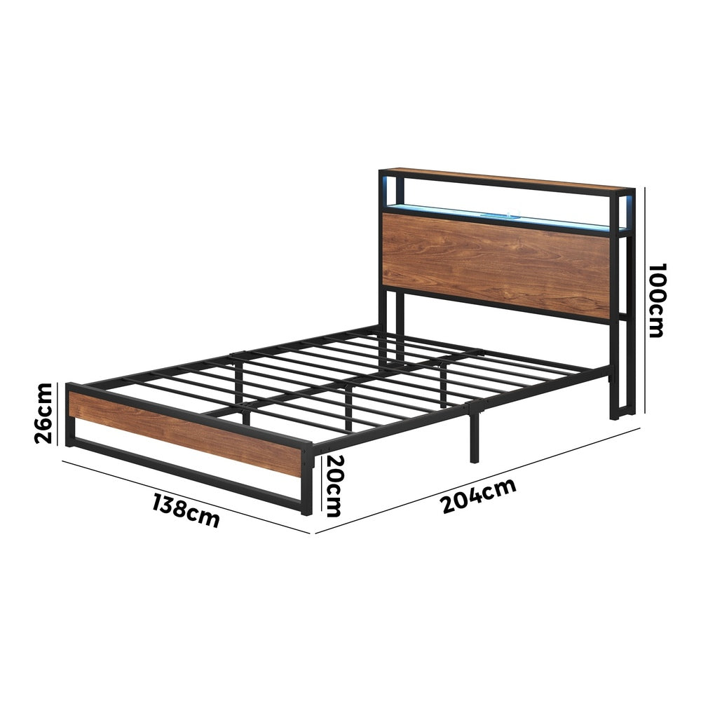 Metal Bed Frame Double LED Light Storage Headboard USB Charge