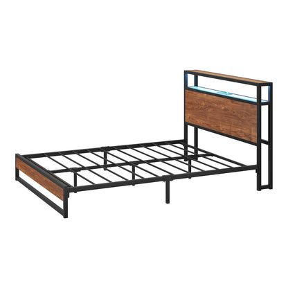Metal Bed Frame Double LED Light Storage Headboard USB Charge