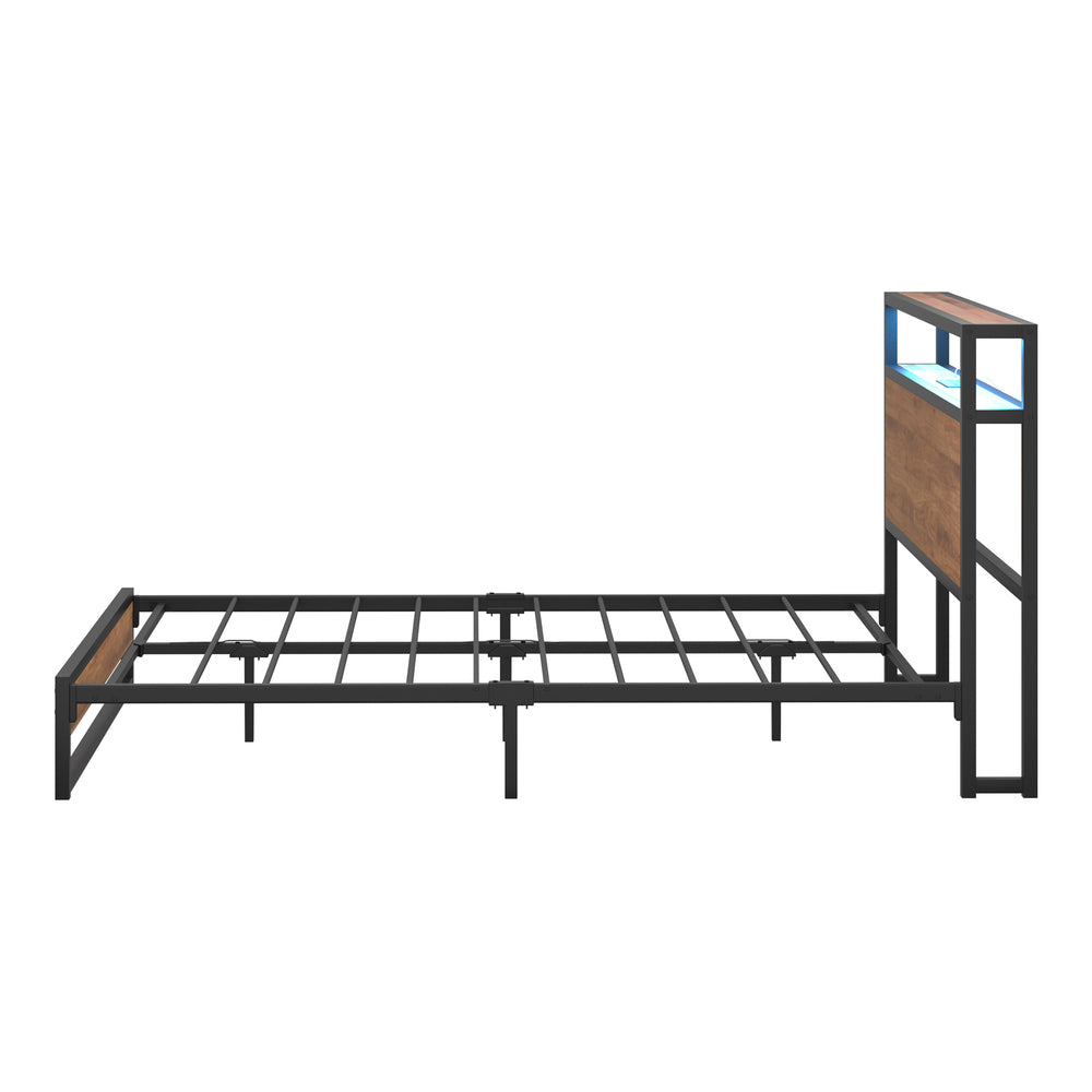 Metal Bed Frame Double LED Light Storage Headboard USB Charge