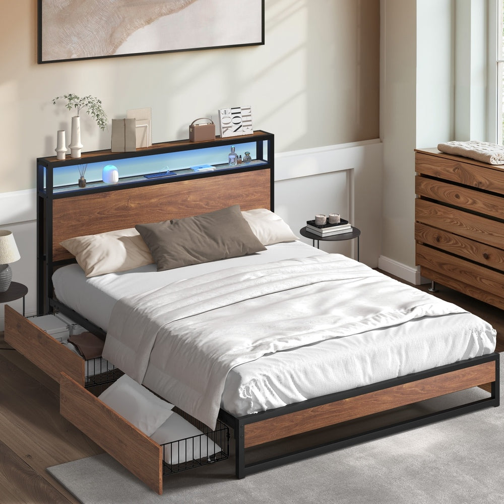 King Bed Frame LED Headboard USB Drawers