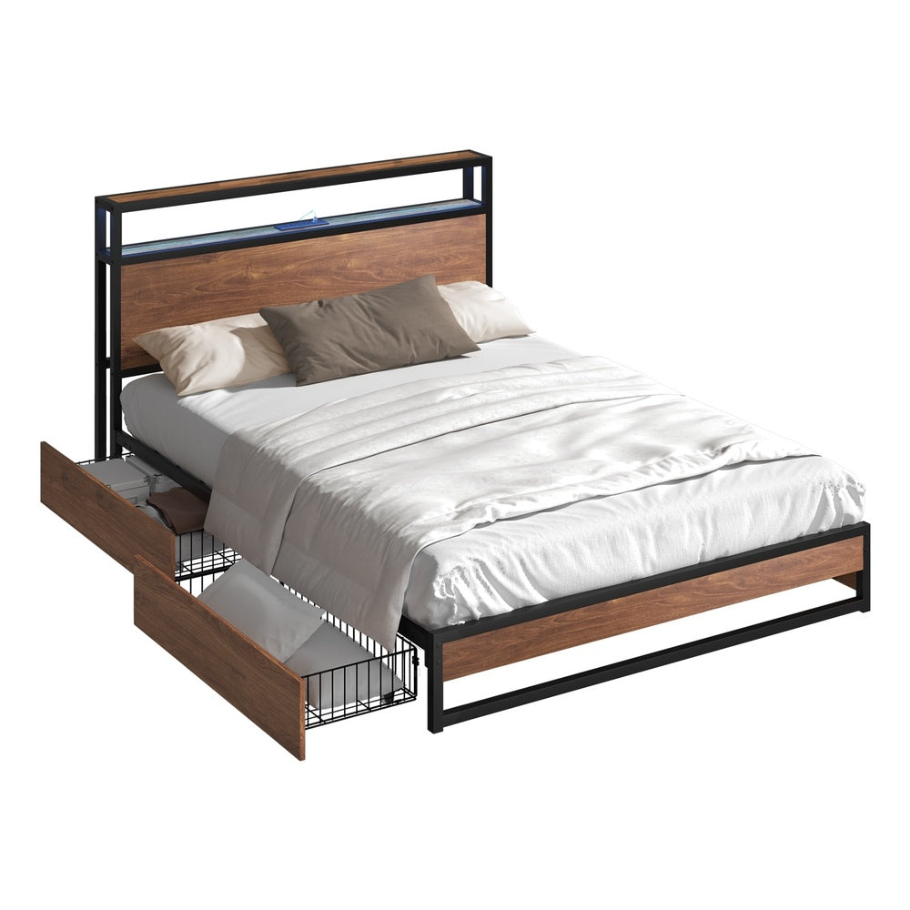 King Bed Frame LED Headboard USB Drawers