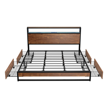 King Bed Frame LED Headboard USB Drawers