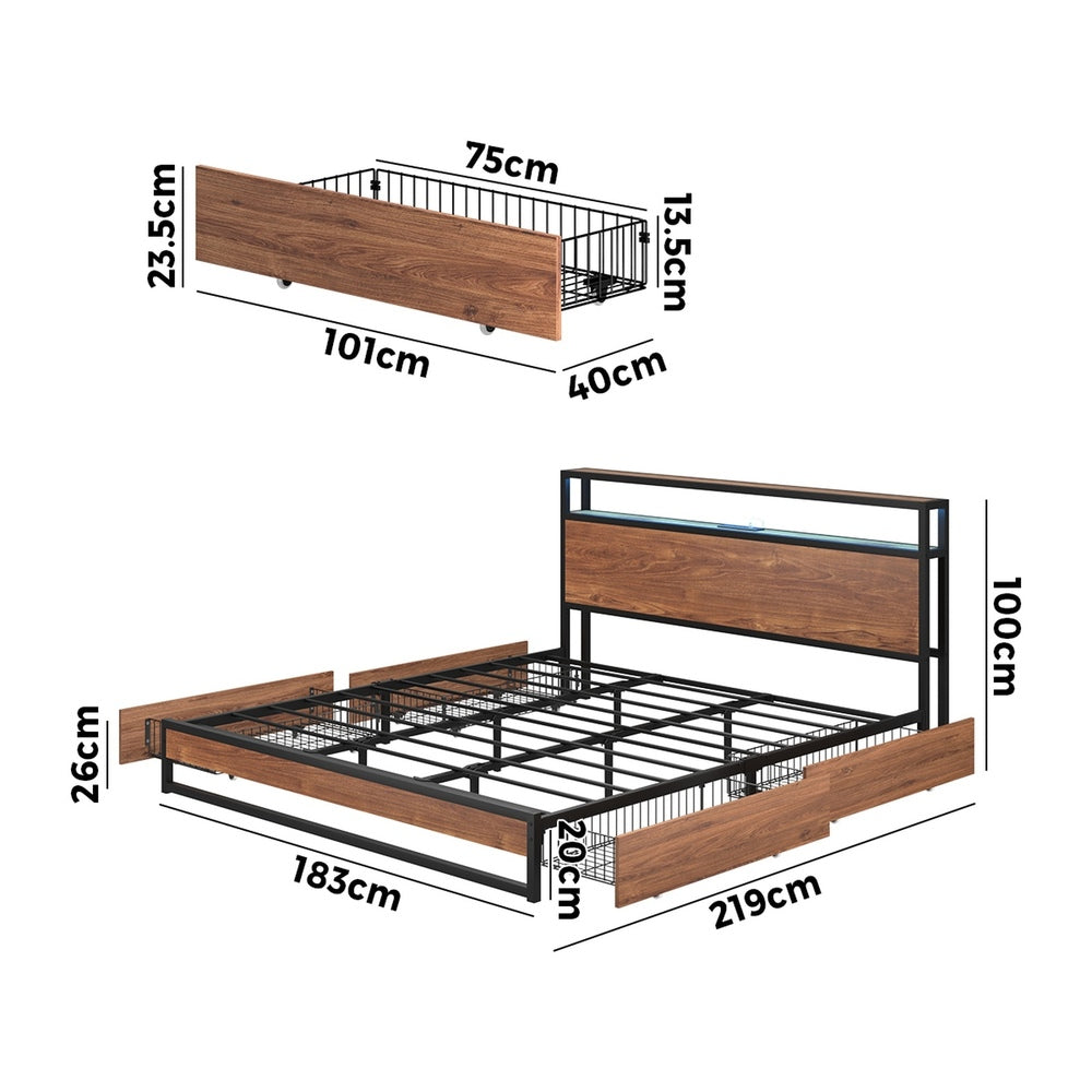 King Bed Frame LED Headboard USB Drawers