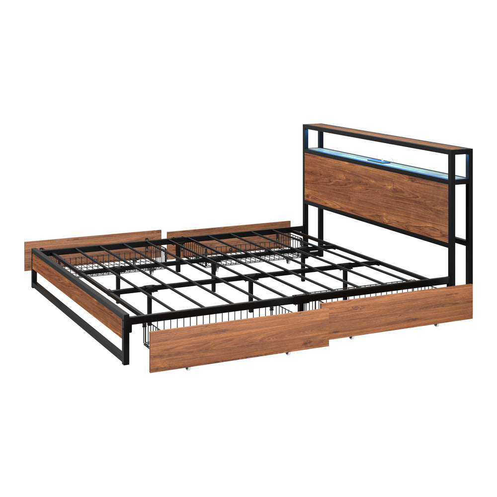 Metal Bed Frame Double Queen & King LED Storage Headboard USB Charging & 2 Drawers