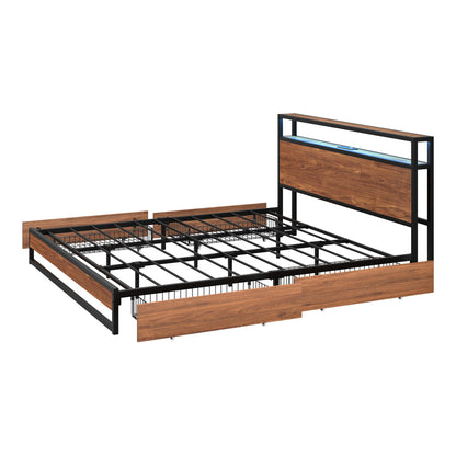 King Bed Frame LED Headboard USB Drawers