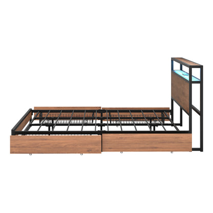 Metal Bed Frame Double Queen & King LED Storage Headboard USB Charging & 2 Drawers