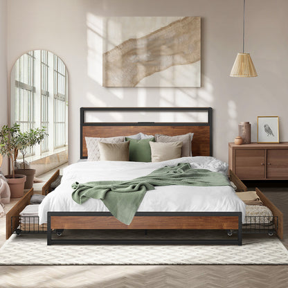 Metal Bed Frame Double Queen & King LED Storage Headboard USB Charging & 2 Drawers