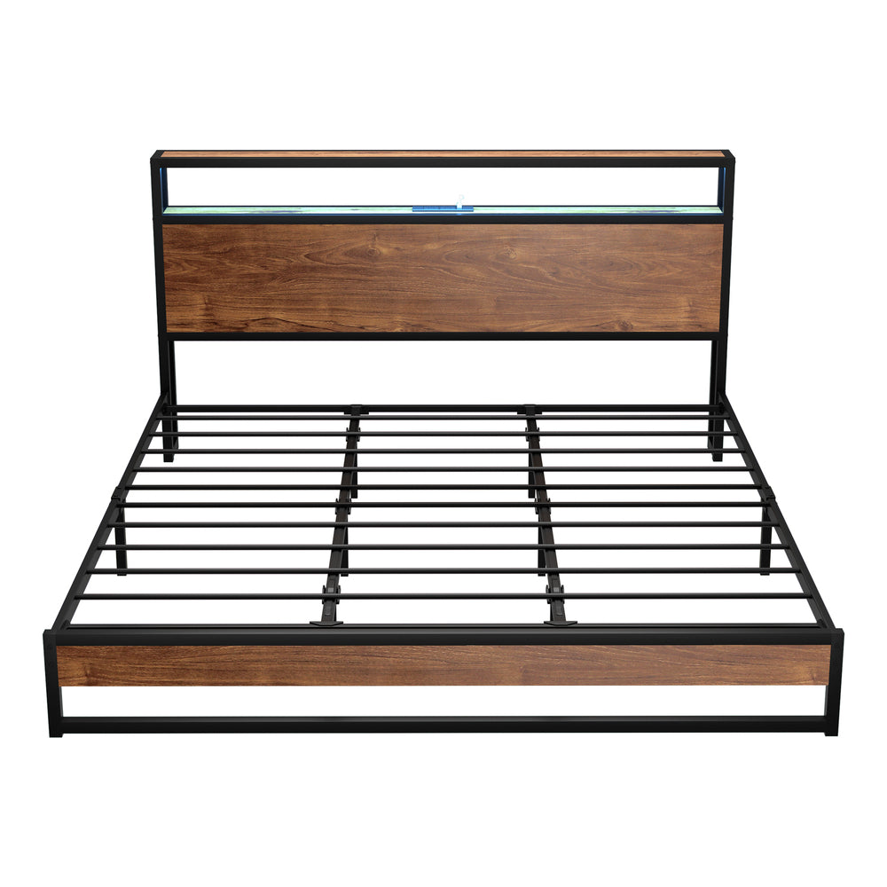 Metal Bed Frame King Size LED Storage Headboard USB Charge