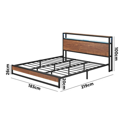 Metal Bed Frame King Size LED Storage Headboard USB Charge