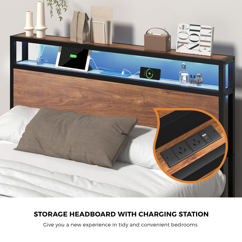 Metal Bed Frame King Size LED Storage Headboard USB Charge