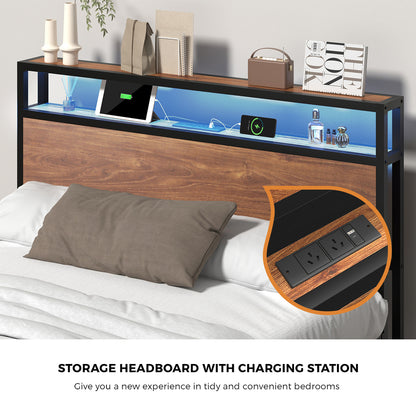 Metal Bed Frame King Size LED Storage Headboard USB Charge