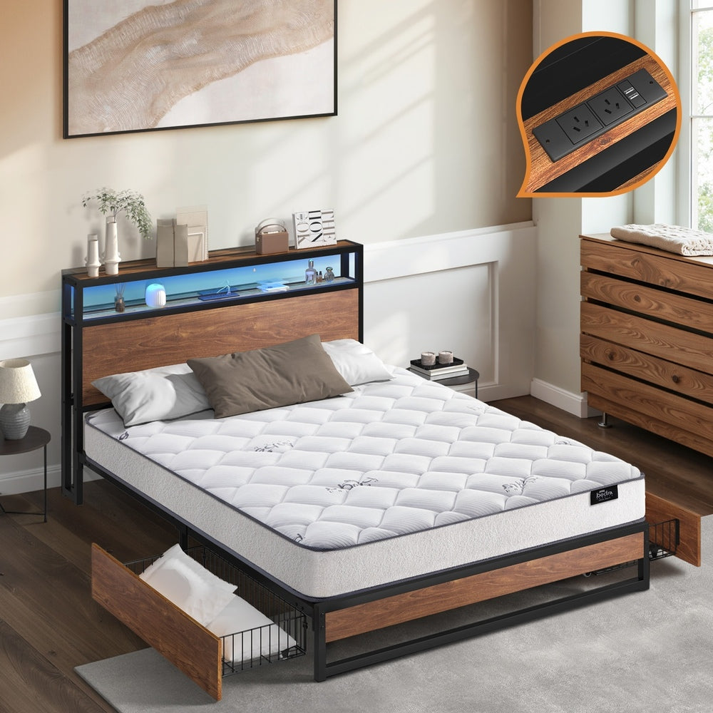Industrial Metal Bed Frame Double with LED, Storage Shelf, USB Ports & Mattress 204cm