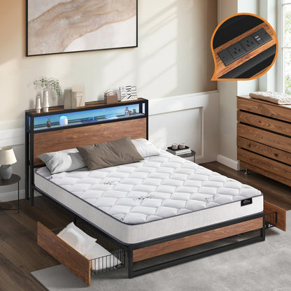Industrial Metal Bed Frame Double with LED, Storage Shelf, USB Ports & Mattress 204cm
