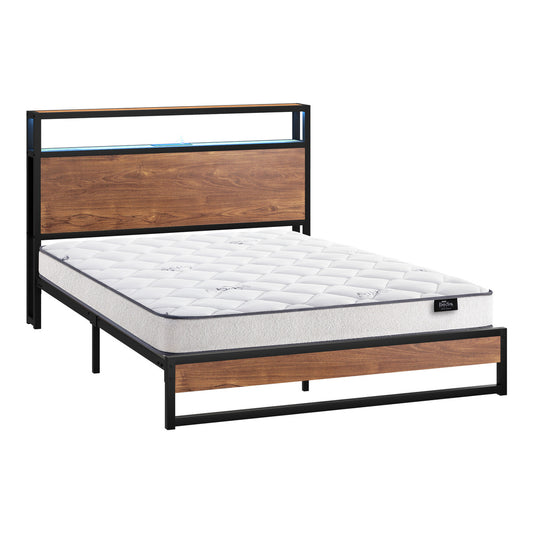 Industrial Metal Bed Frame Double with LED, Storage Shelf, USB Ports & Mattress 204cm