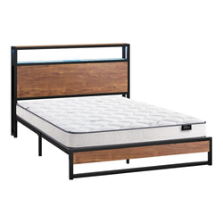 Industrial Metal Bed Frame Double with LED, Storage Shelf, USB Ports & Mattress 204cm