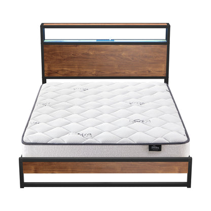 Industrial Metal Bed Frame Double with LED, Storage Shelf, USB Ports & Mattress 204cm