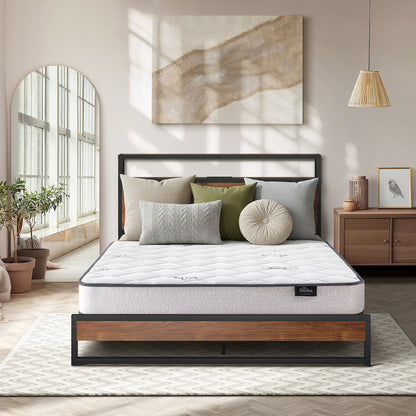 Industrial Metal Bed Frame Double with LED, Storage Shelf, USB Ports & Mattress 204cm