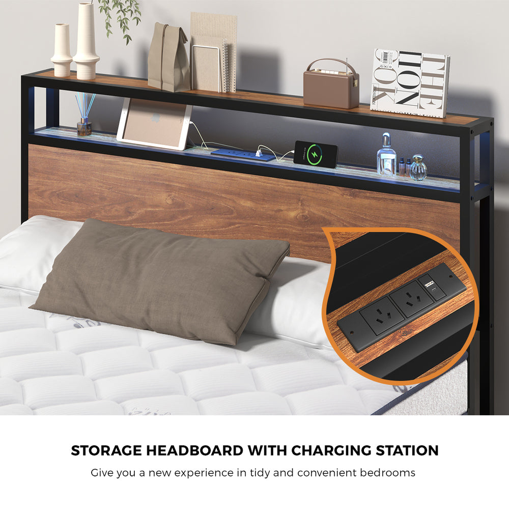 Industrial Metal Bed Frame Double with LED, Storage Shelf, USB Ports & Mattress 204cm