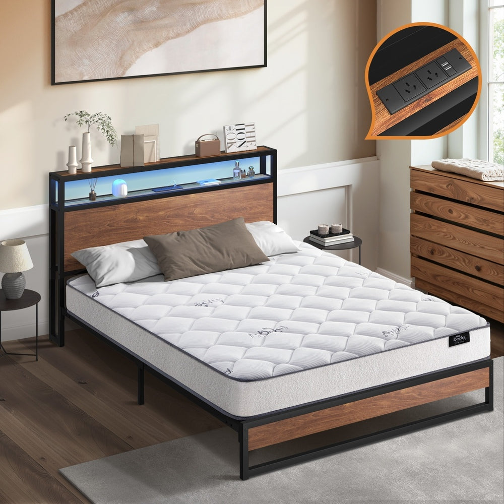 Industrial Metal Bed Frame King with LED, 4 Storage Drawers, USB & Mattress 219cm x 183cm