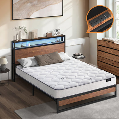 Industrial Metal Bed Frame King with LED, 4 Storage Drawers, USB & Mattress 219cm x 183cm
