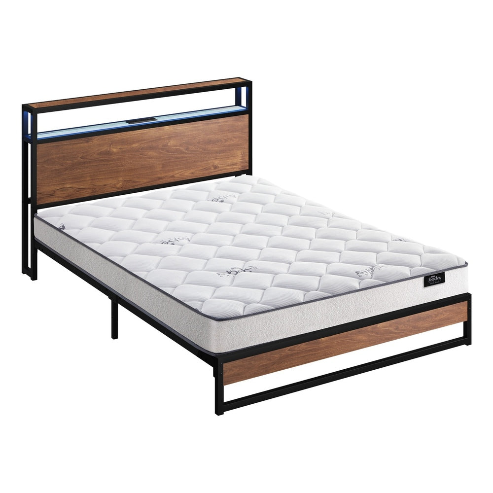 Industrial Metal Bed Frame King with LED, 4 Storage Drawers, USB & Mattress 219cm x 183cm