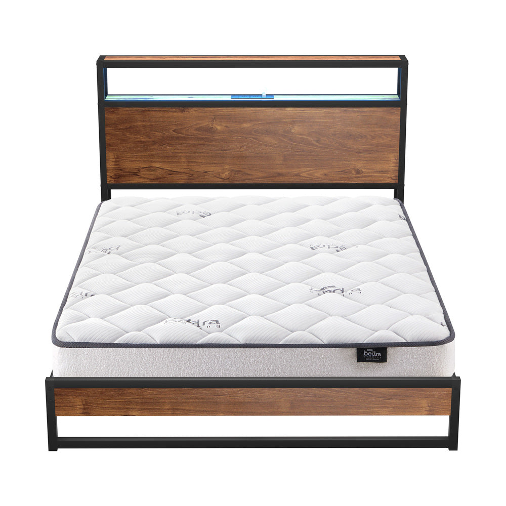 Industrial Metal Bed Frame King with LED, 4 Storage Drawers, USB & Mattress 219cm x 183cm