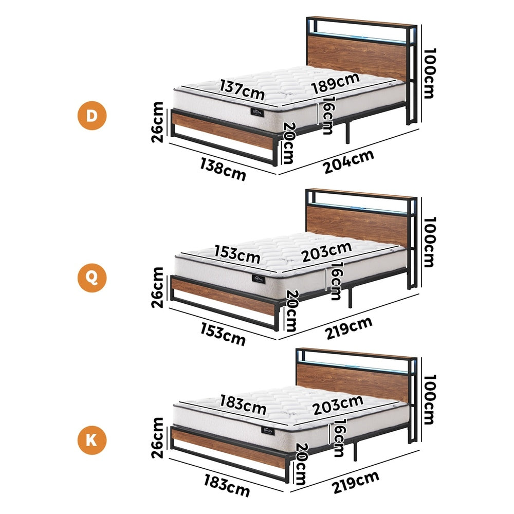 Industrial Metal Bed Frame King with LED, 4 Storage Drawers, USB & Mattress 219cm x 183cm