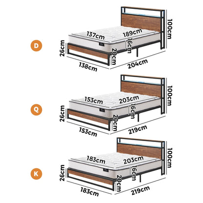 Industrial Metal Bed Frame King with LED, 4 Storage Drawers, USB & Mattress 219cm x 183cm