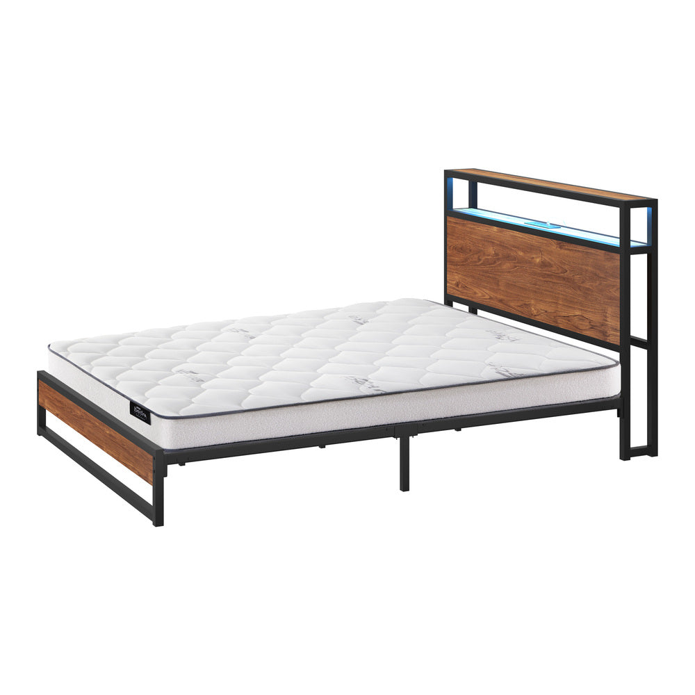 Industrial Metal Bed Frame King with LED, 4 Storage Drawers, USB & Mattress 219cm x 183cm
